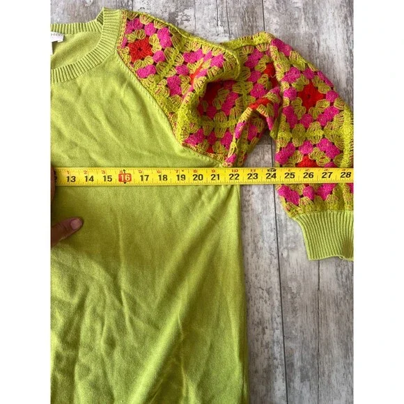 Kim Gravel Belle Boho Granny Square Crochet Sleeve Cotton Sweater Lime Green M - Picture 5 of 7